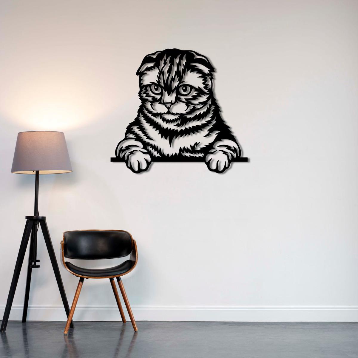 Curious Cat Metal Wall Art | Decorative Animal Wall Sculpture Decor - 70x64 cm / 28x26 Inch | Black