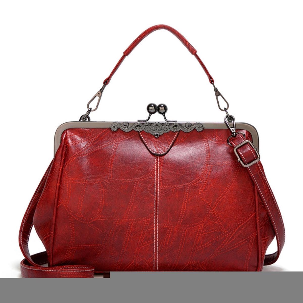 036 Vintage Buckle Handbags Leather Adjustable Crossbody Bag(Red)